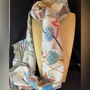 Joy Susan Multi-Color Floral Scarf with Sage Green Border. Lightweight 74” X 31”